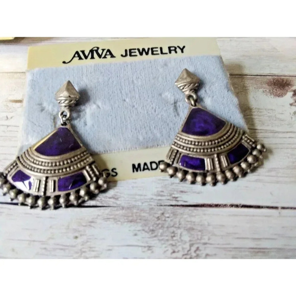 Aviva Jewelry - Authentic Vintage 1980s Dark Silver & Blue Enamel Fan Dangle Earrings